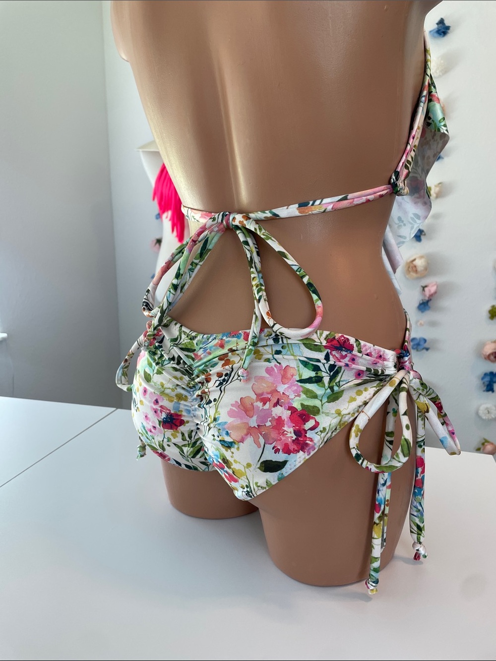 Ruffled Floral Halter One-Piece Swimsuit - Pink & Green - Picture 9 of 17